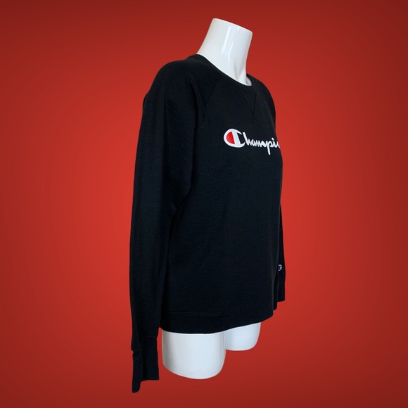 Champion Black Script Logo Raglan Sleeve Crew Neck Sweatshirt Large - Picture 2 of 7